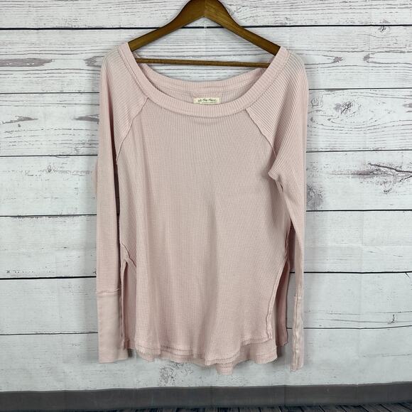 We The Free Shirt Womens XS Pink Waffle Boxy Boho Peasant Thermal Off Shoulder - Picture 1 of 13